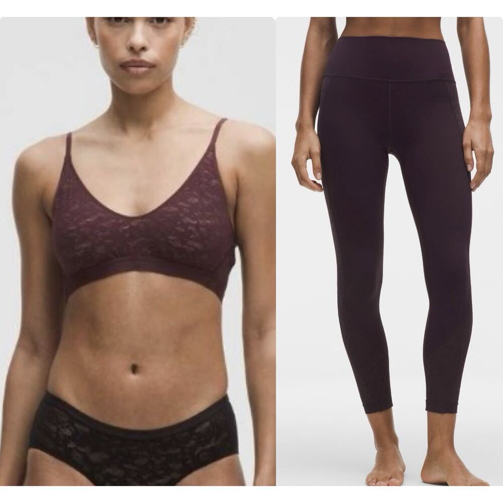 Lululemon Goodnight Plum Lace Bralette & Paisley Lace Overlay Leggings Set Sz 14